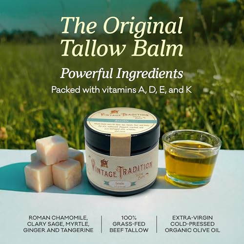 Vintage Tradition Beef Tallow All Purpose Balm - Healing, Hydrating Luxurious Skin Care Salve Replaces Body Lotion, Hand Cream, More - Essential Oil, Olive Oil, and Grass-Fed Tallow, 2 fl. oz.