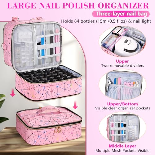 Nail Polish Organizer Bag,3-layer Pink PU Leather Nail Organizer and storage,Holds 84 Bottles of Nail Polish and Nail Lamp,Large Holder Travel Carrying Case.