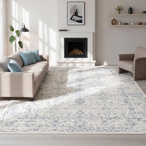 8' x 10' Boho Washable Area Rug for Living Room and Bedroom - White Blue