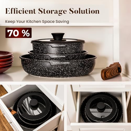 Black Removable Handle Induction Pots and Pans Set - 10 Piece Non-Stick Cookware for RV & Camping