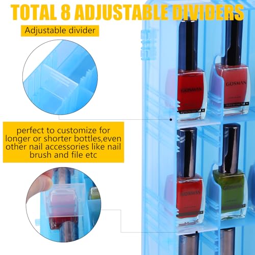 Universal Nail Polish Holder Gel Nail Polish Organizer Case for 48 Bottles Adjustable Dividers Space Saver,Double Sided Storage for Nail Bottles Mini Cars Threads Essential Oils (Blue)