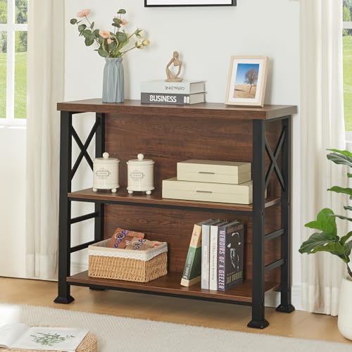 Hombazzar 3-Tier Short Bookcase, 35.4” Wide Rustic Brown Storage Shelf