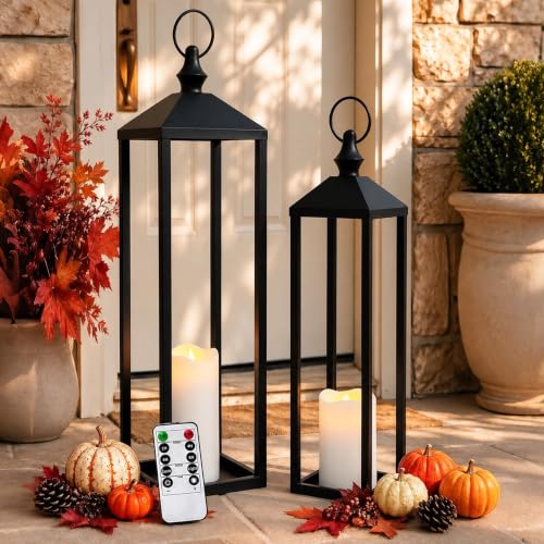 Large Indoor & Outdoor Floor Lanterns Set of 2 with Remote LED Candles