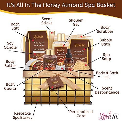 Christmas Spa Gift Baskets For Women, Honey Almond Bath and Body Set, Birthday Gift- Shower Gel, Bubble Bath, Body Butter, Bath Salt, Body Oil, Candle, Bath Caviar, Soap, Home Diffuser, Scrubber