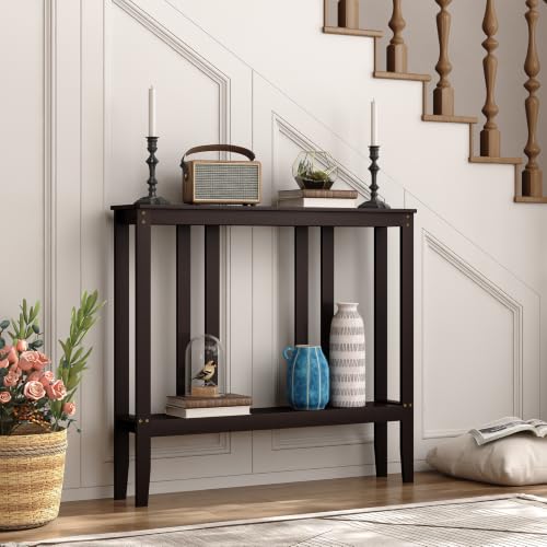 Brown Bamboo 2-Tier Narrow Console Table - Space-Saving Hallway Storage