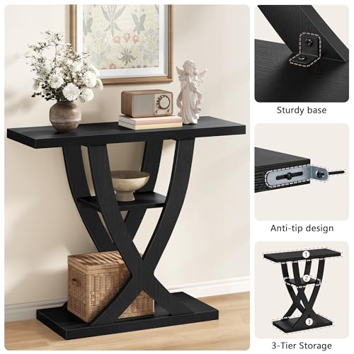 Black 31.5-Inch Entryway Console Table with 3 Shelves and X-Frame Design