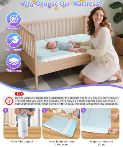 3 Inch Trifold Crib Mattress 52x27.5 inches for Baby, Portable & Waterproof