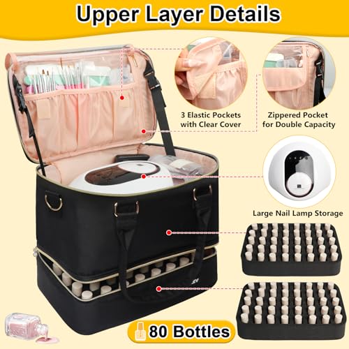Covkev Nail Polish Organizer Hold 80 Bottles & Travel Nail Bag Case - Black & Gold