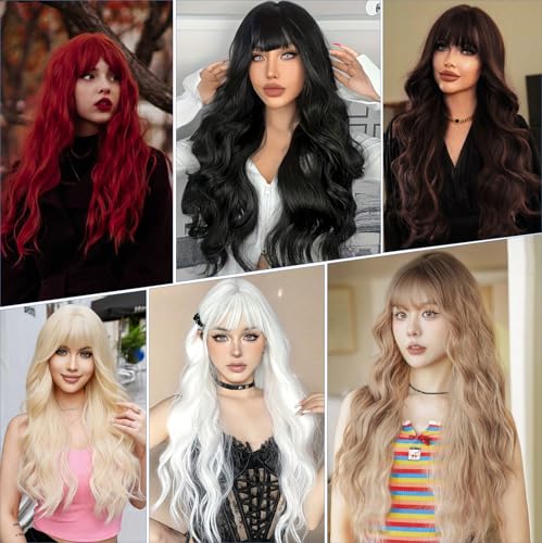 Aida ble Long Blonde Wavy Wig with Bangs - 28-inch Synthetic Hair for Women