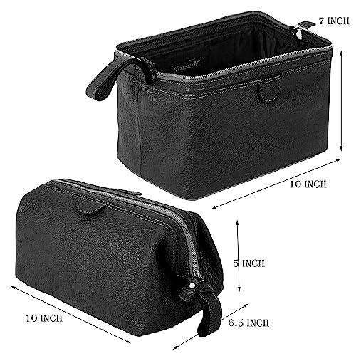 KomalC Buffalo Leather Travel Toiletry Bag - Black, Men's & Women's Organizer