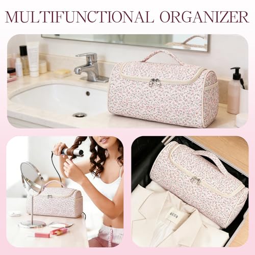 Pink Floral Quilted Hair Tool Bag for Travel & Storage - Large Organizer with Compartments & Hanging Hook
