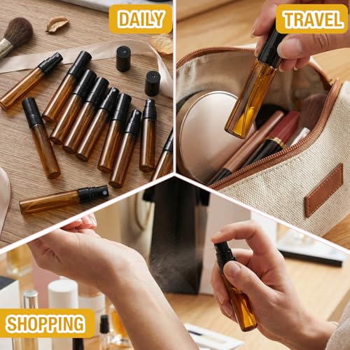 Mini Spray Bottles Set - 300 Brown Glass 5ml Travel Refillable Atomizers with Leakproof Design