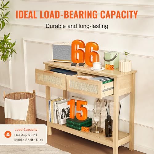 Natural Rattan Console Table with 2 Drawers | Entryway & Sofa Table - 2 Drawers