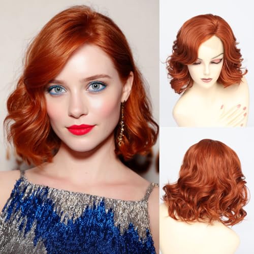 Lace Copper Red Wavy Wig for Women - Short Layered Synthetic Curly Hair, 14 Inch, Natural Look