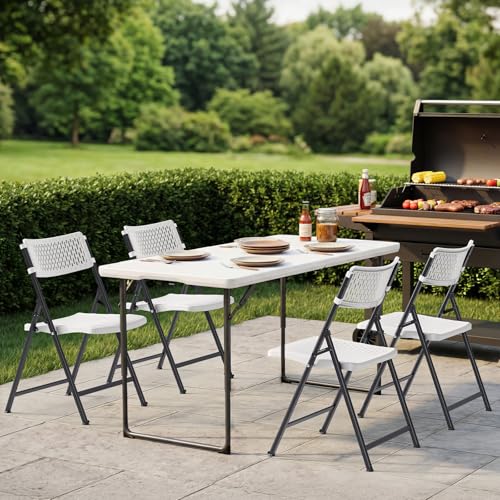 White Folding Chairs 4-Pack - Mesh Plastic & Metal Frame, Indoor Outdoor, Easy Storage