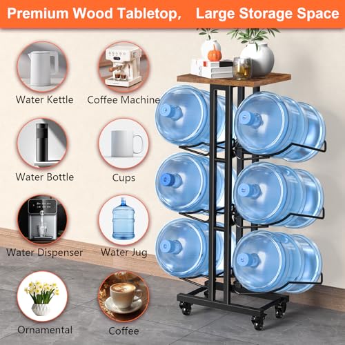 6 Bottle Water Jug Holder with Lockable Casters & Removable Wood Top - Brown