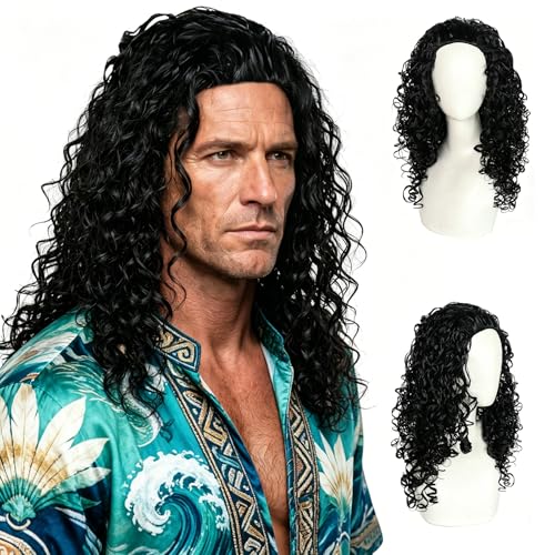 Mens Black Curly Shoulder Length Wig - Fluffy Realistic Cosplay Hair