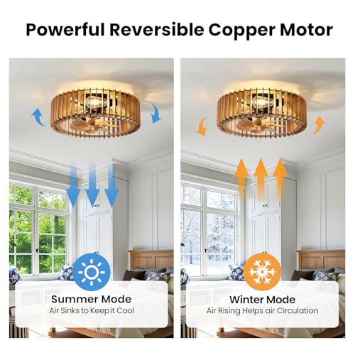 Wooden Flush Mount Ceiling Fan with Light and Remote - Farmhouse Style, Light Wood Variations
