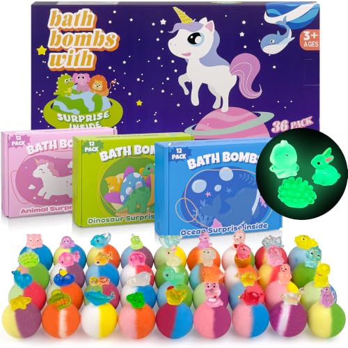 Kids Bath Bombs with Glow in The Dark Toy - 36 Pack Bath Surprise Set - Dinosaur, Ocean & Animal Variations