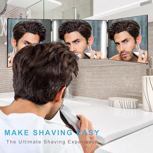 Kirli 3 Way Mirror for Self Hair Cutting ? 360¡Æ with LED Lighting, Portable Trifold Mirror to See Back of Head, Adjustable Hooks, Ideal for Men & Women Styling (Black)