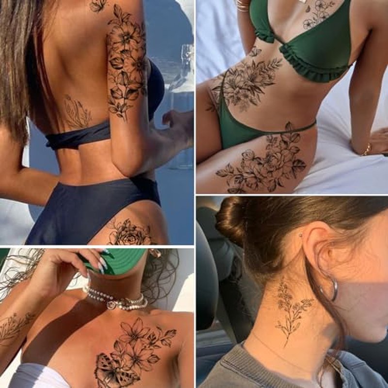 23 Sheets Flower Temporary Tattoos For Women - Waterproof Realistic Rose Orchid Tattoos Tiny Branch Sketch Fake Tattoos for Women Body Art Arm Neck Hands