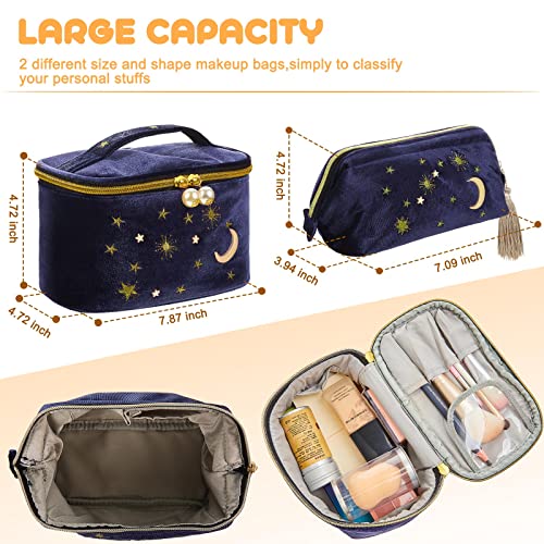 Patelai 2 Pcs Velvet Makeup Bag Moon Stars Cosmetic Bags Navy Blue Goth Embroidered Makeup Pouch Portable Travel Starry Pouch Toiletry Wash Bags Cute Storage Clutch Handbags for Women Gifts