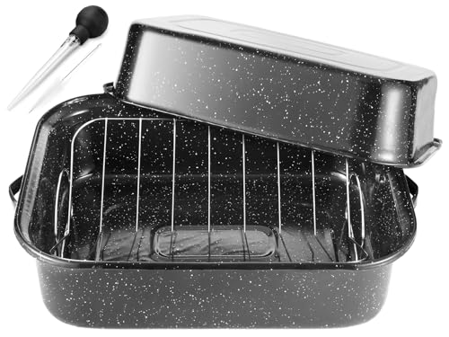 21-Inch Rectangular Roasting Pan with Lid and V-Shaped Rack for Turkey - 25lb Capacity