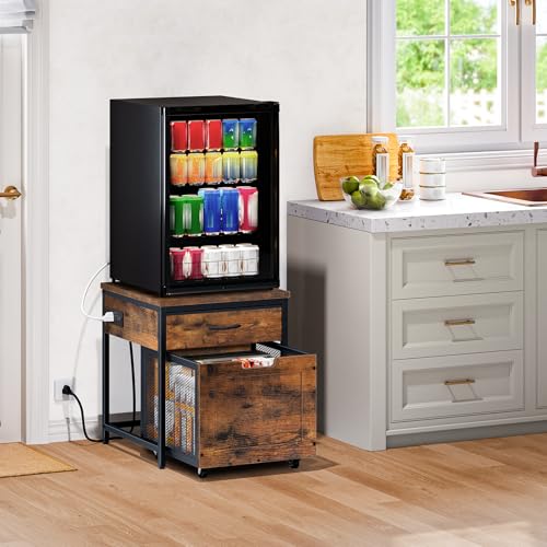 Mini Fridge Stand with Drawer & Power Outlet - Rustic Brown & Black