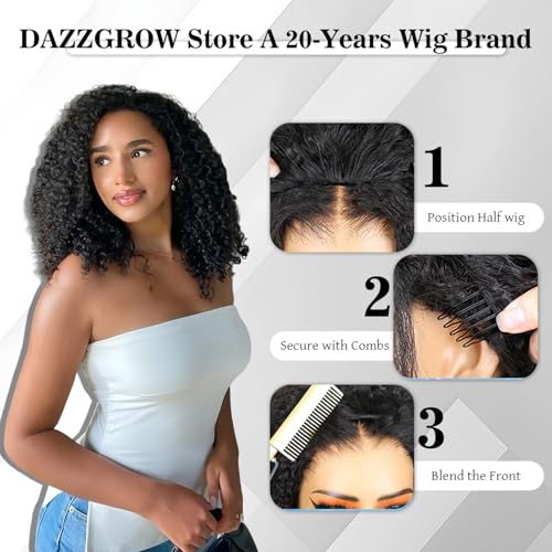 Natural Color 20 Inch Human Hair Half Wig 3-in-1 Kinky Curly Drawstring Seamless Flip Headband Wig for Beginners