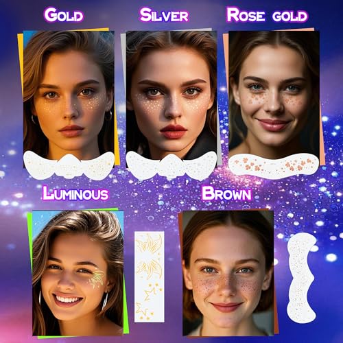VANERIA Glitter Freckles Face Tattoo 8 Counts,Sparkle Freckles,Waterproof Long Lasting,Freckle Makeup for Festivals,Parties and Cosplay,Face Glitter for Women(Gold Freckles)
