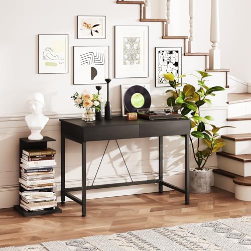 39.4 Inch Small Black Desk with 2 Wooden Drawers - Home Office, Vanity & Study Table