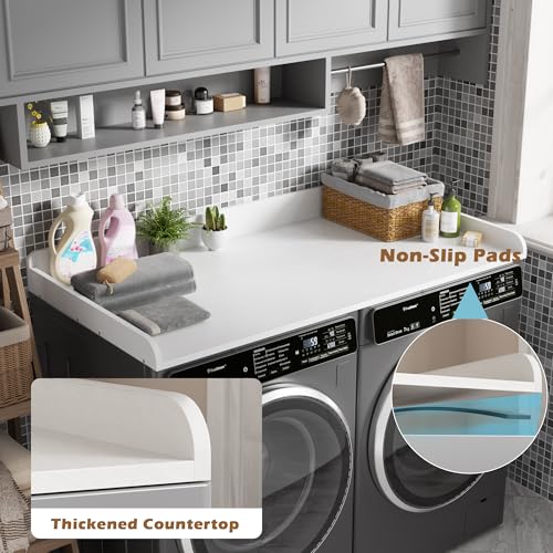 White Wooden Laundry Countertop for Washer & Dryer - 54" x 27.5", Edge Rails, Anti-Slip Strips, 1 Tier