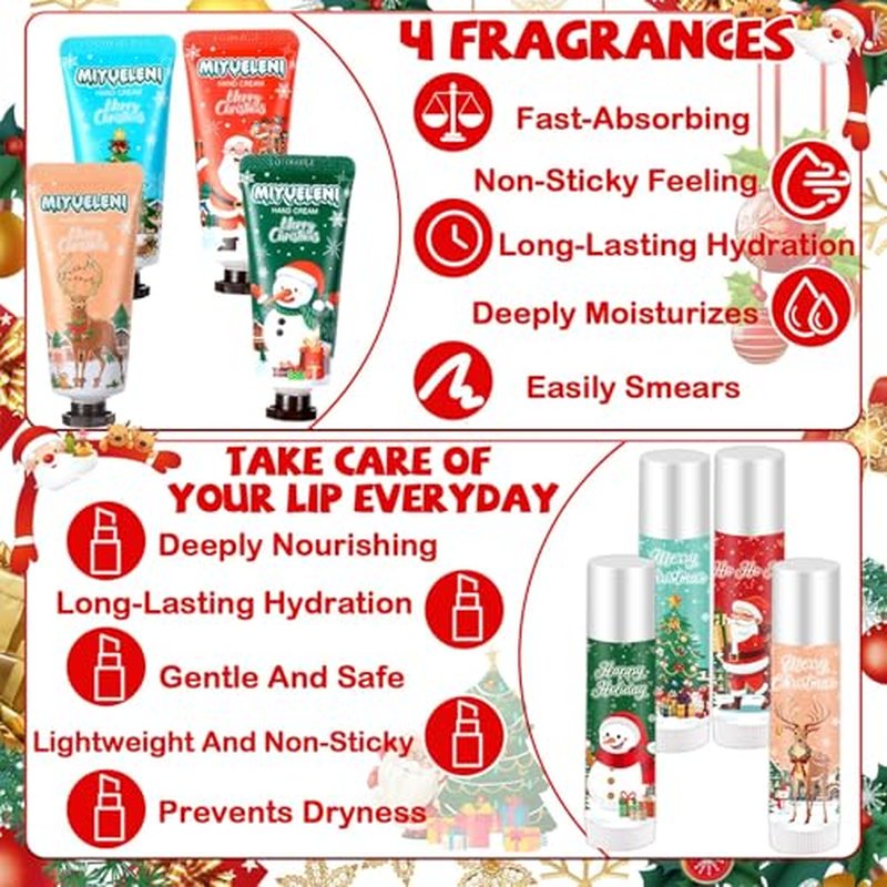 192 Pcs 48 Sets Christmas Hand Cream and Lip Balm Gift Bulk Set,Moisturizing Lip Balm Hand Lotion with Organza Bag Xmas Card, Holiday Birthday Party Favors Stocking Stuffers Gifts for Women Girls