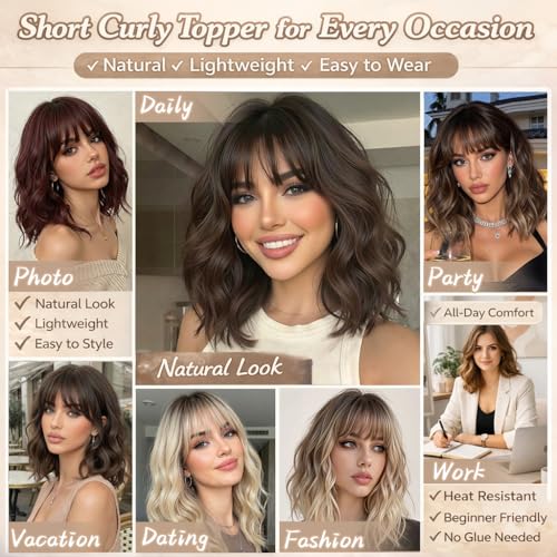 Curtain Bangs Hair Topper for Women, 16 Inch Human Hair, Chocolate Brown Variation