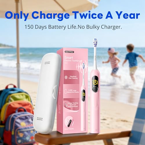 SAKYPRORAL Kids Electric Toothbrush Pink with Brushing Score & Timer - Ages 6-15, Soft Bristles, Rechargeable, Travel Case (1 Pack)