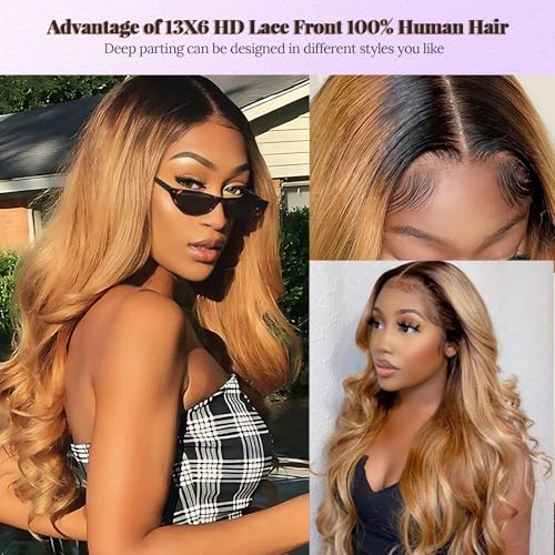 Belaved 1B/27 Upgrade 24 Inch Body Wave Lace Front Wig Human Hair Ombre 13x6 Pre Plucked Glueless