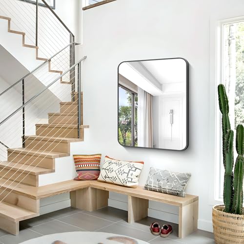 30x36 Inch Black Bathroom Mirror - Rounded Corner Wall Mount Vanity Mirror with Frame, Horizontal or Vertical Hang, Safety Glass