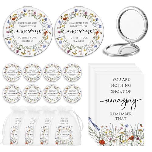 12 Set Inspirational Gifts for Women Bulk Motivational Compact Mirror Makeup Pocket Mirror for Purse Double Sided Folding Mirror Inspirational Gift Cards with Bag for Women