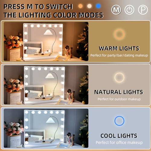 LED Lighted Vanity Mirror with Lights - Hollywood Style, 15 Bulbs, USB Charging Port, 22.8x18 inches, White - Variation A