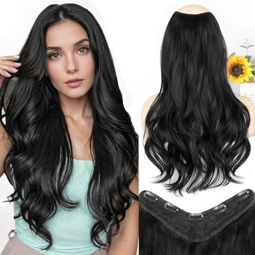 ALXNAN 24" Black Wavy Layered Clip-In Hair Extensions for Women
