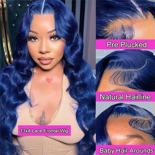 Blue Lace Front Wig Human Hair Body Wave 20 Inch Glueless Pre Plucked with Baby Hair - Navy Blue 13x4 HD Lace Frontal Variation of THIS listing