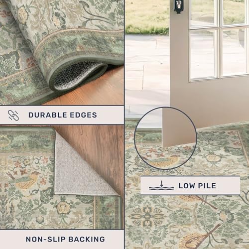 5' x 8' Sage Green Vintage Area Rug with Botanical Bird Pattern, Washable & Non-Slip