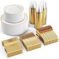 Disposable Dinnerware Set for 100 Guests - Gold Plastic Plates Cups Cutlery - Gold Dinnerware Set