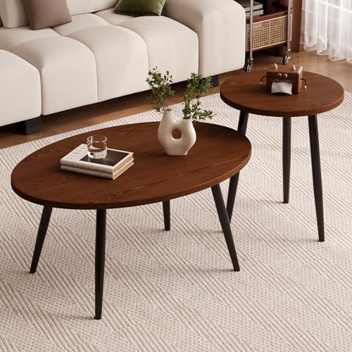 Semjar Oval Walnut Coffee & End Table Set - 2 Pcs Nesting Modern Living Room Furniture