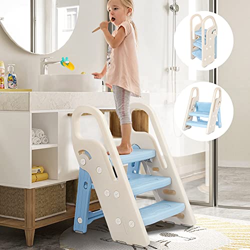 Blue Foldable Toddler Step Stool with Handles - Adjustable 3-Step Bathroom & Kitchen Ladder