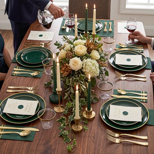 Green Disposable Plastic Plates Set for 50 Guests - Dinner & Dessert Plates, Gold Silverware, Cups & Napkins - Variation: Green