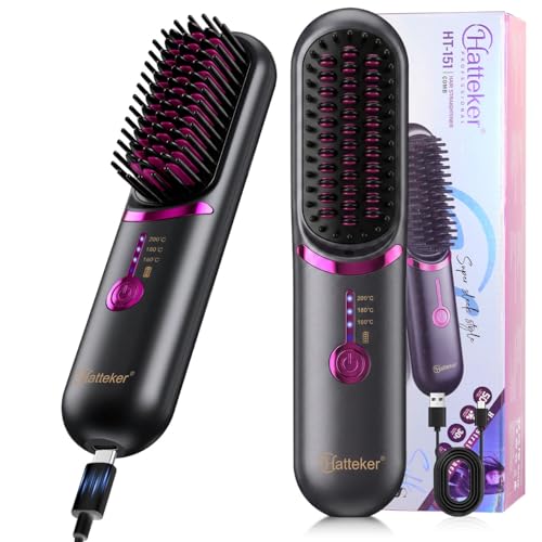 Hatteker Cordless Hair Straightener Brush Black – Portable Travel Flat Iron & Comb