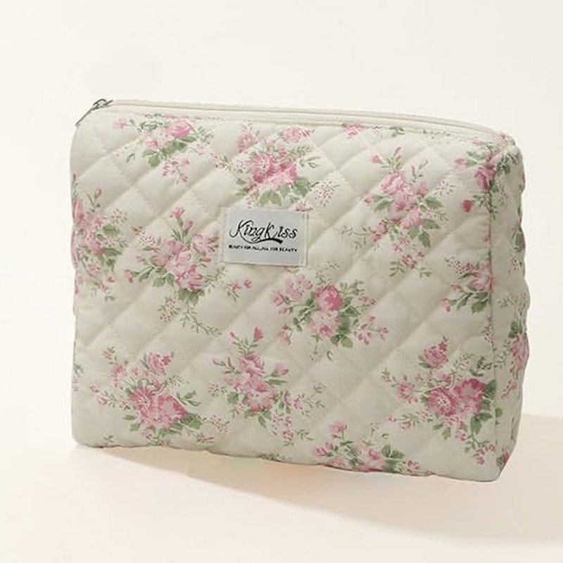 3 Pcs Cotton Quilted Makeup Bag, Large Aesthetic Cosmetic Bag Set Cute Flower Travel Toiletry Bag Makeup Brushes Storage Bag Trendy Makeup Organizer Bag for Women Girls (Pink Flower Set)