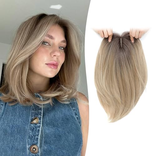 Megito 12 Inch Synthetic Hair Topper for Women, Ombre Blonde with Dark Root, Clip-In Volumizing Wiglet for Full Coverage and Natural Look