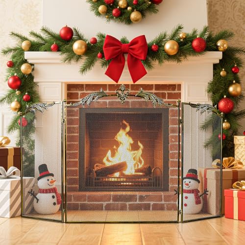 WICHEMI Vintage Style 3-Panel Fireplace Screen 50x32 Inch Bronze - Foldable Safety Guard